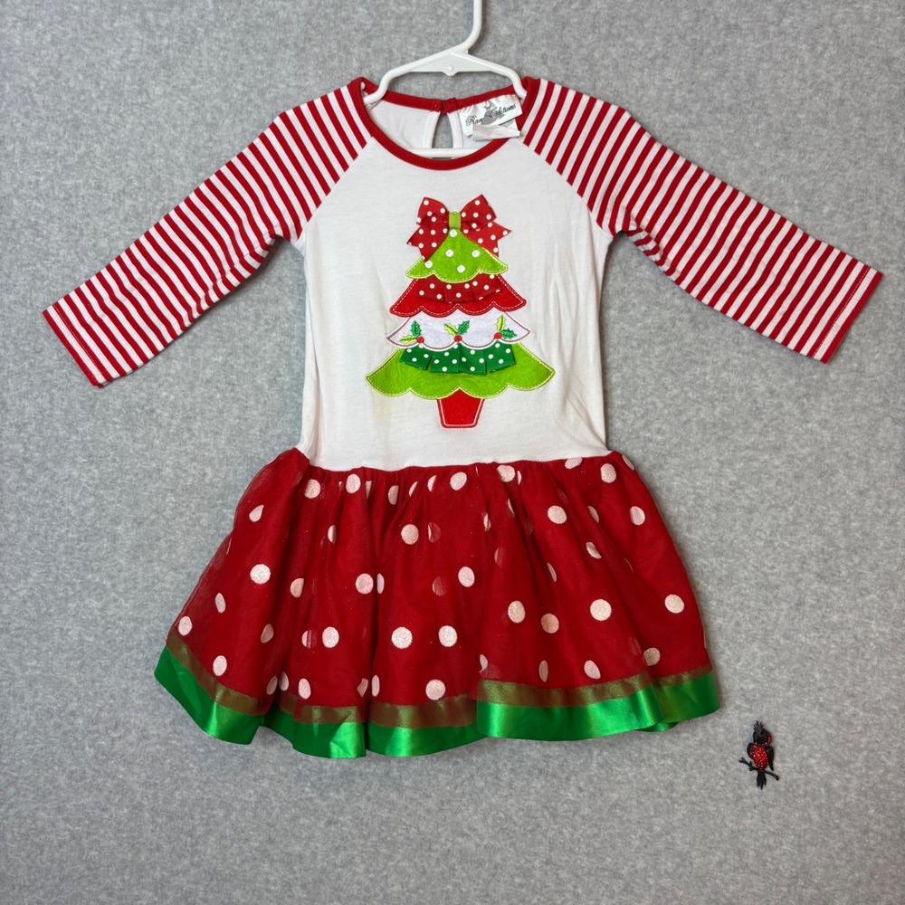 Rare‎ Editions Girls 3T Tulle Dress Christmas Tree Polka Dot Long Sleeve Red